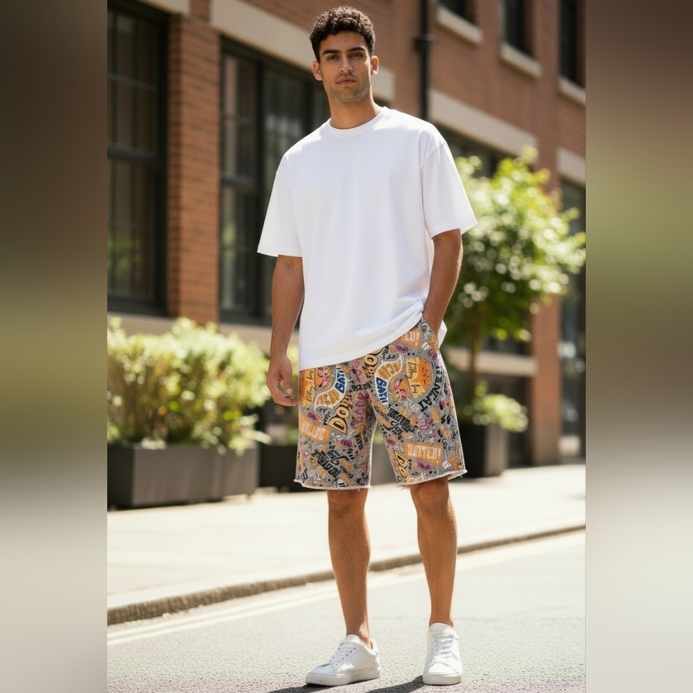 Born Primitive x Buttery Bros Colab Trendy Multicolor Graphic Jean Shorts Size L